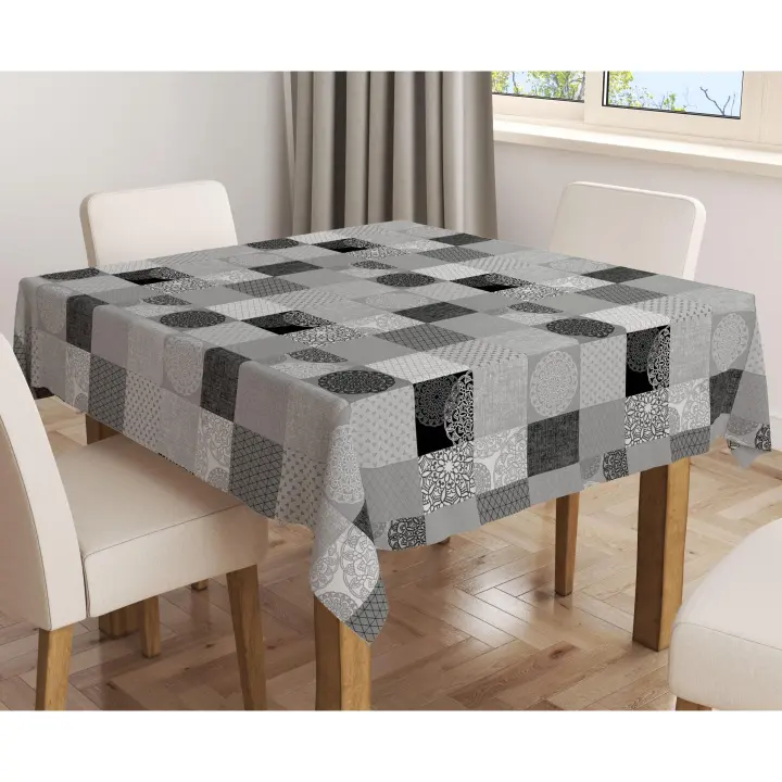 Mantel de hule tejido por metros - Cuadros Mandalas Gris Negro 42026-1    mantel por metros; manteles; mantel barato; mantel jardín - 1