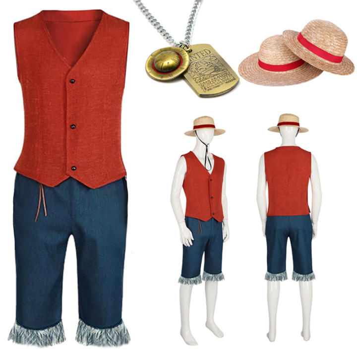 Disfraz Cosplay Luffy De Monkey D Luffy Con Chaleco Rojo Shorts Y Gorro Para Hombres Adultos Para Fiesta De Halloween