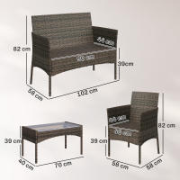 Outsunny Conjunto Jardín Exterior de Ratán con Cojines Conjunto Terraza Resistente a la Intemperie Muebles Jardín Exterior con 2 Sillones Sofá de 2 Plazas Mesa con Cristal Marrón - details 2
