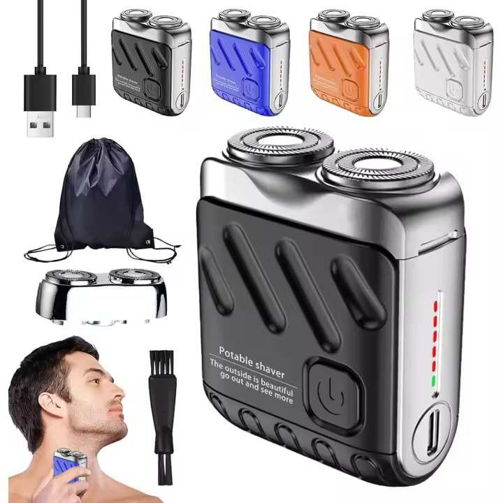Afeitadora eléctrica portátil de doble anillo rotatorio, mini afeitadora eléctrica de doble cabezal (2025), cuchilla reemplazable, motor de alta velocidad, recargable por USB, fácil de limpiar, para viajes y uso diario (negra) - 1
