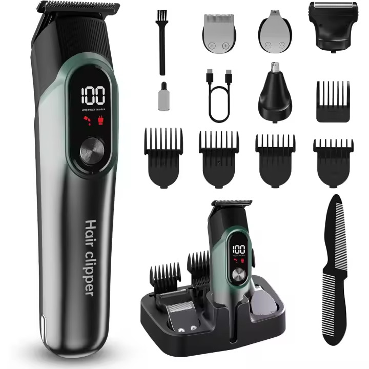 Recortadora de barba para hombres, kit de cuidado personal para hombres a prueba de agua IPX7 con cortadora de cabello inalámbrica, afeitadora eléctrica con pantalla LED, afeitadoras para bigote, cuerpo, rostro, orejas, nariz, regalos para hombres - 1