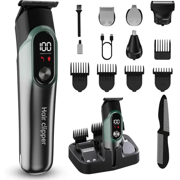Recortadora de barba para hombres, kit de cuidado personal para hombres a prueba de agua IPX7 con cortadora de cabello inalámbrica, afeitadora eléctrica con pantalla LED, afeitadoras para bigote, cuerpo, rostro, orejas, nariz, regalos para hombres - 1