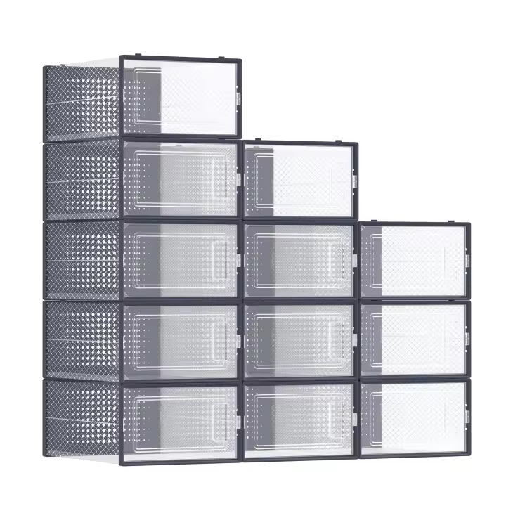 SONGMICS Cajas de Zapatos Plástico, Juego de 12 Organizadores de Almacenamiento, Caja Zapatero Plástico Plegable y Apilable para Zapatillas hasta talla 44, Transparente y Blanco/Transparente y Azul Carbón/Transparente y Verde Laurel - 1