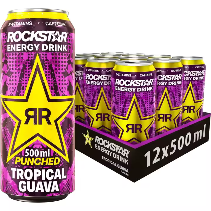Rockstar Guava12 Latas x 500 ml, Bebida Energética con Guayaba, Burbuja Fina y Duradera, Bebida Carbonatada, Energy Drink con Cafeína, Vitaminas B, Guaraná y Taurina, Latas 100% Reciclabes - 1