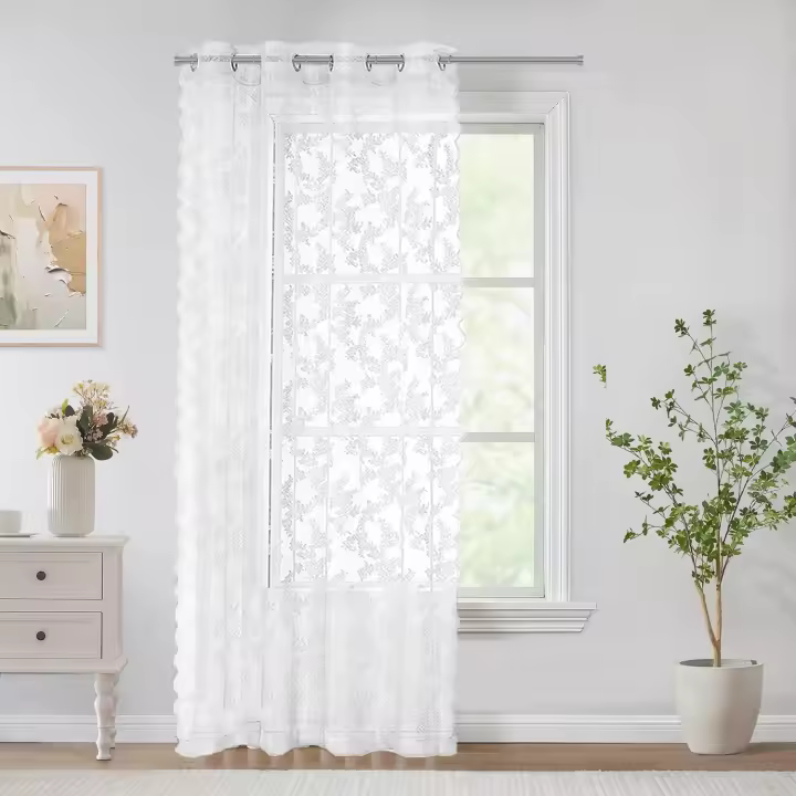 Cortina Blanca De Encaje Con Patrón De Flores Transparente Y Grommet Para Decoración De Sala De Estar Y Dormitorio 1 Pieza - 1