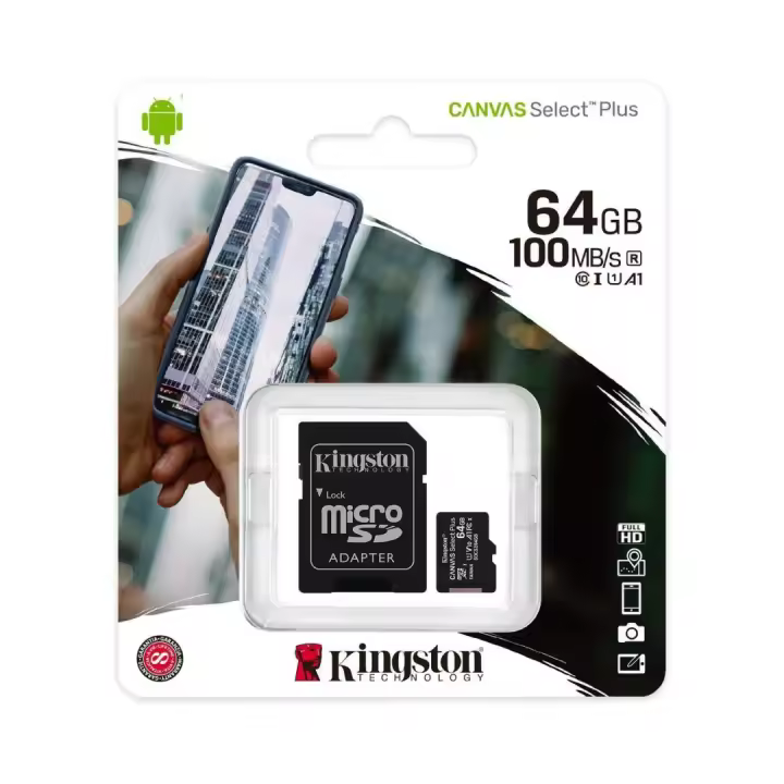 TARJETA MICRO SD XC  64 GB - 128GB + 256GB - ADAPTADOR KINGSTON CANVAS SELECT PLUS - CLASE 10 - 100MB/S - VENTA POR UNIDAD - 1