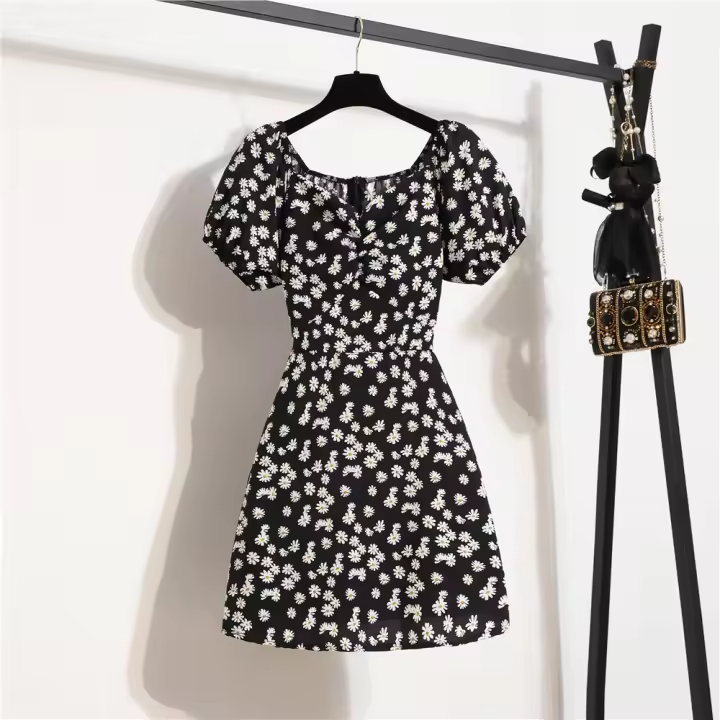 Vestido Mini De Encaje Para Mujer Estilo Casual Verano Floral Con Tirantes Y Manga Puff Cierre Con Cremallera Vestidos De Mujer - 1