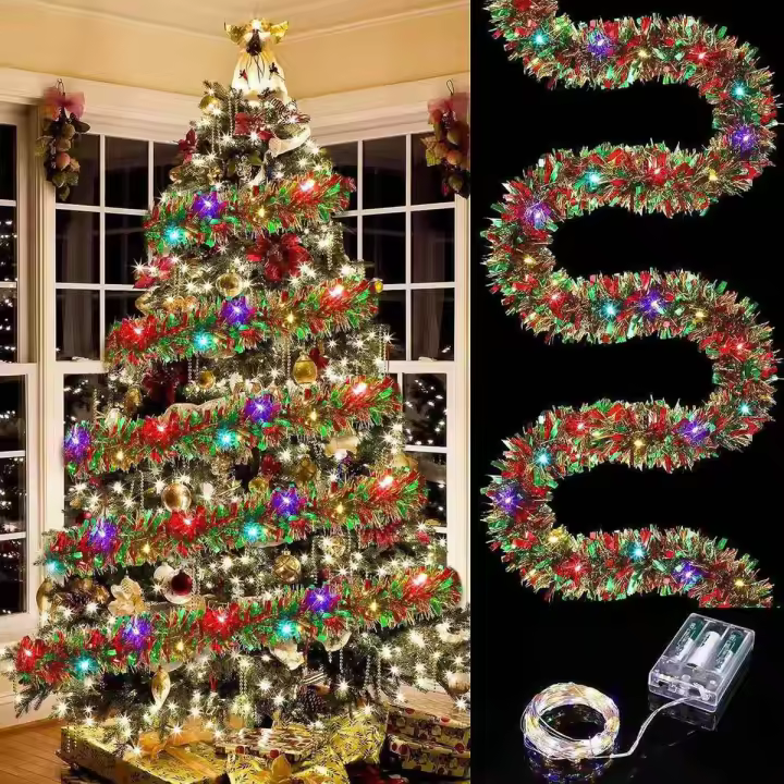 Guirnalda De Tinsel Navideña Metálica Brillante Con Luces LED Para Adornar Árbol De Navidad Decoración Gruesa Para El Hogar - 1