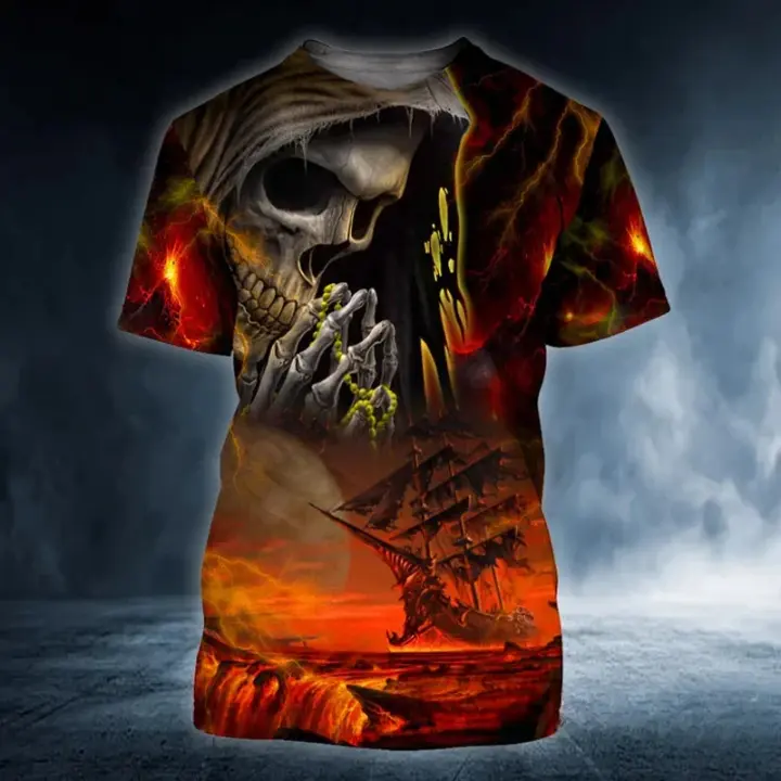 Camiseta De Hombre Con Estampado 3D De Calavera Y Ángel Moda Retro Verano Ropa Urban Oversize Casual Cuello Redondo Manga Corta Nueva - 1