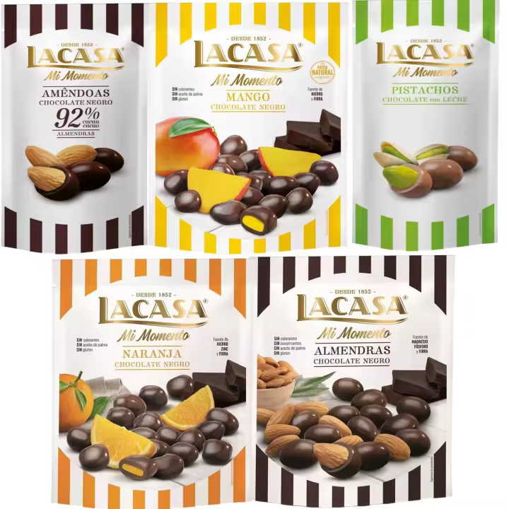 Lacasa Mi Momento pack de 5:Pistacho Chocolate Leche ,Almendra 92% ,Almendra Chocolate Negro ,Naranja Chocolate Negro ,Mango Chocolate Negro - 1