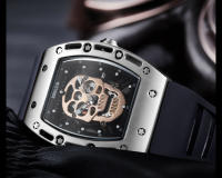 Reloj De Cuarzo Para Hombre Con Correa De Silicona Negra Luminosa Y Dial Rectangular De Armadura Calavera Estrellada BGL1612G-2 - details 7