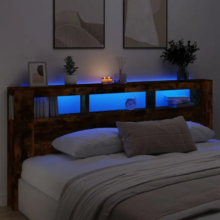 vidaXL Cabecero LED madera ingeniería roble ahumado 220x18,5x103,5 cm - 1