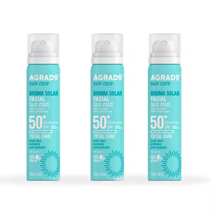 AGRADO - Pack Brumas Faciales SPF50+, Set con Bruma Facial Solar SPF50+ 3 x 75 ml, Protección Muy Alta con Fórmula Vegana, Fácil Aplicación en Spray y Rápida Absorción, Antiedad y Antioxidante, para Pieles Sensibles, Resistente al Agua - 1
