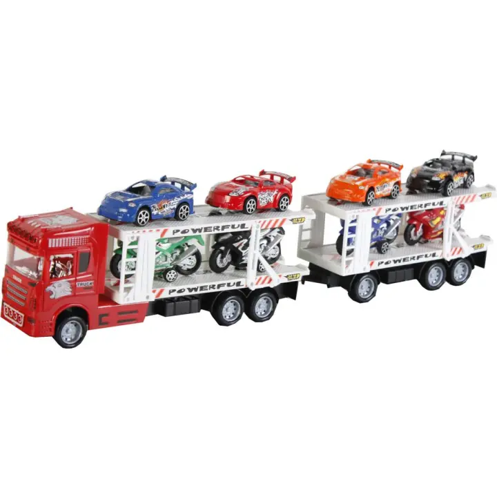 Camion Rojo Friccion con2 Remolques y 8 vehiculos Juguetes MODELMOVIL - 1
