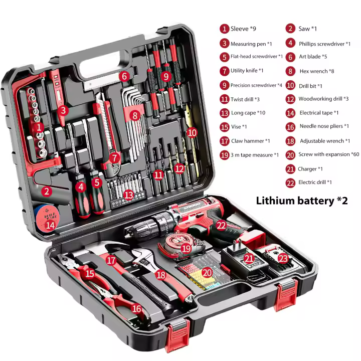 Juego de herramientas - Conjunto de herramientas con taladro inalámbrico de 21V, 117 piezas, herramientas para el hogar, perfecto para propietarios, aficionados a manualidades y profesionales, rojo - 1