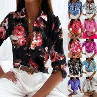 Blusa Elegante Para Mujer Primavera Otoño Con Cuello Bajado Estampado Slim Camisa De Manga Larga Moda Oficina Casual Polyester Cotton - details 32