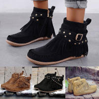 Botas De Mujer Retro Sólidas Con Flecos Y Cierre De Cremallera Botines Planos De Tacón Bajo Para Otoño Y Primavera - details 0