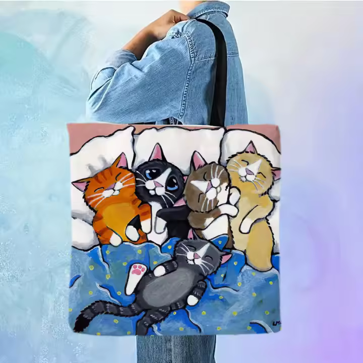 Bolso De Hombro Para Mujer Durable Y Casual Con Dibujos De Gatos Bolso De Compras Y Playa Reutilizable De Lino Unisex - 1