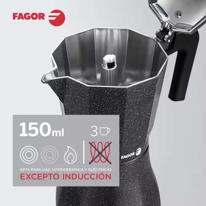 Fagor Tiramisu - Cafetera Italiana de Aluminio Extra-Grueso, NO APTA PARA INDUCCIÓN, Pomo y Mangos Ergonómicos con Toque Frío, Café, Moka - 1