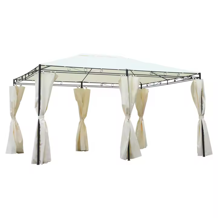 Outsunny Cenador de Jardín 4x3 m Pabellón con 4 Paredes Laterales y Techo con 12 Orificios de Drenaje Marco de Metal para Reunión Familiar Fiestas Bodas Crema - 1