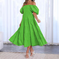 BAMBOOBOY Vestido Largo De Verano Para Mujer Hombros Descubiertos Color Sólido Manga Corta Puff Cuello Abierto A-Line Cintura Alta Midi Sundress - details 12