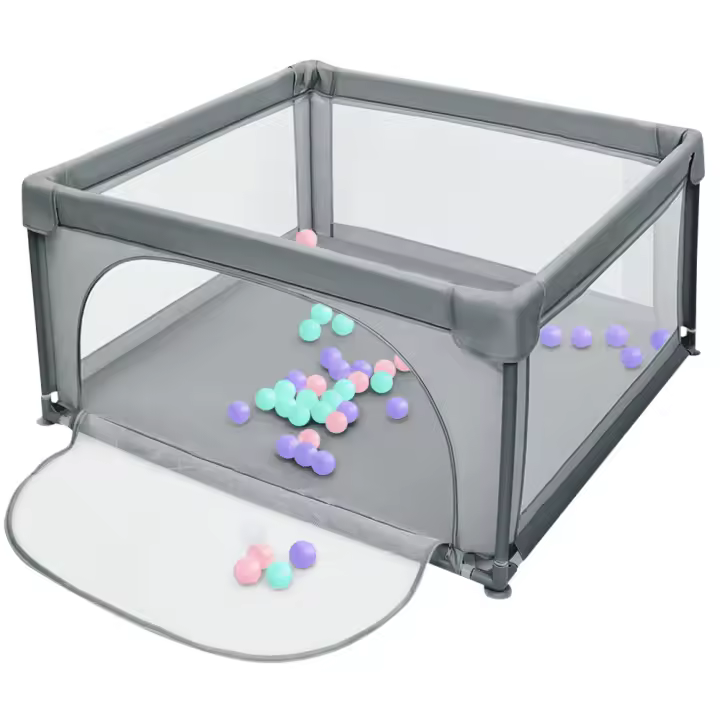 Parque infantil para bebés 120*120*66cm con 50 bolas con puerta protectora de red transpirable juego para bebés gris oscuro - 1