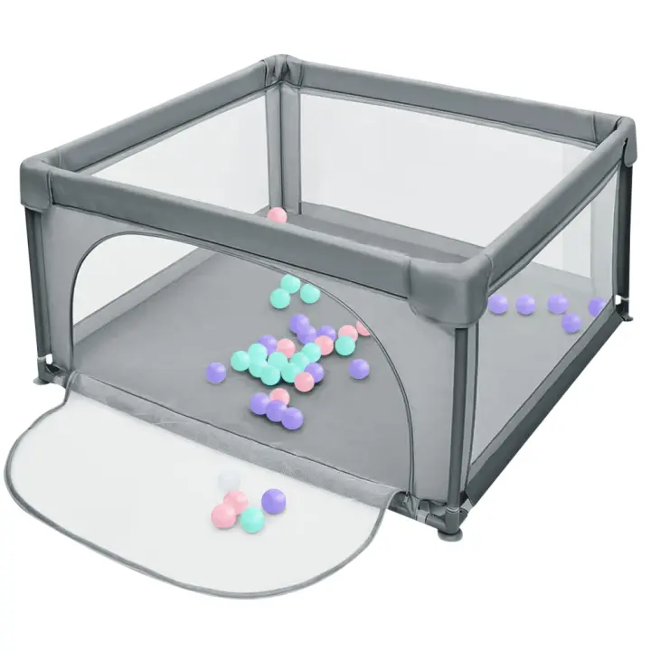 Parque infantil para bebés 120*120*66cm con 50 bolas con puerta protectora de red transpirable juego para bebés gris oscuro - 1