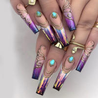 24pcs/set Uñas Postizas Largas Medias Falsas De Cuadrado Ballet Con Flores Y Mariposa Azul Verde Para La Temporada De Primavera Y Verano - details 6