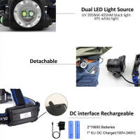 Linterna Frontal LED Potente Con Luz UV Blanca/395nm Y Zoom Recargable USB Impermeable Para Camping Autodefensa Y Actividades Al Aire Libre - details 4