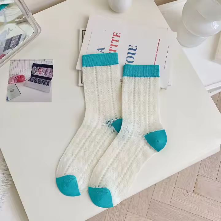 Calcetines De Punto Para Mujer De Color Contraste Medio Tubo Verano Transpirables De Algodón Y Poliéster Calcetines Casuales Para Primavera Y Verano - 1