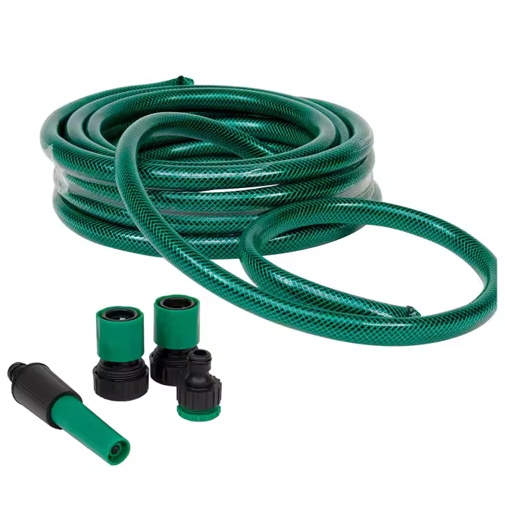 Tradineur - Manguera de riego flexible de 3 capas, incluye 4 accesorios, PVC, regar jardín, huerto, lavar coche, labores agrícolas, 15 bar, Ø 3/4'' - 19 mm, 15 metros - 1