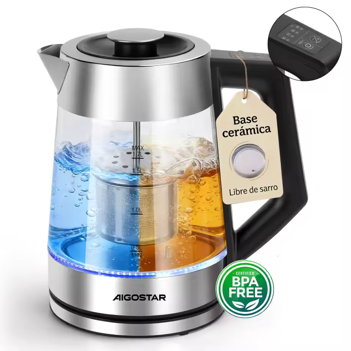 AIGOSTAR Hervidor de agua inteligente con control de temperatura y función mantener caliente, 2200 W, 1,7 L de acero inoxidable y vidrio, revestimiento cerámico antical, libre de BPA, para hogar, oficina y fiestas