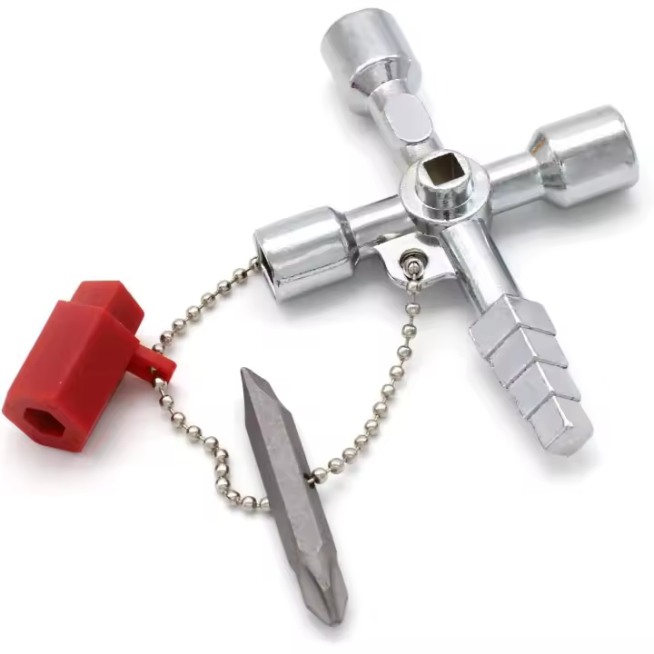 Llave multifunción de 4 vías, conveniente llave de gabinete universal, llave cruzada universal para medidores de agua y electricidad, radiadores, medidores de gas, ascensores (plata) - 1