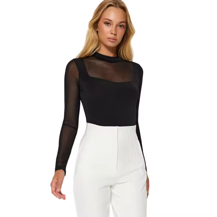 Trendyol Black Slim Tulle Detailed Long Sleeve Stand Collar Bottom Snap Flexible Knitted Bodysuit Twoaw24Bd00049 - 1