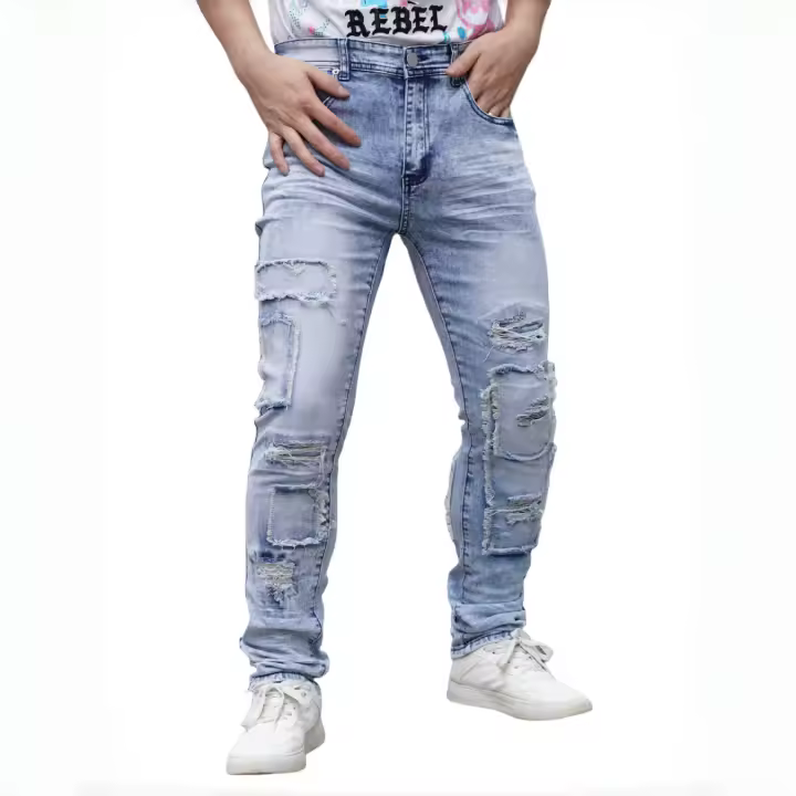 Jeans para hombre, bordado de retales lavados destruidos, moda, cómodos, transpirables, adecuados para exteriores y transporte - 1
