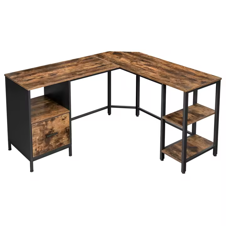 VASAGLE Escritorio de Esquina, Mesa en Forma de L, con Archivador Colgante, 2 Estantes, Oficina en Casa, Fácil de Montar, Marco de Acero, Estilo Industrial, Marrón Rústico y Negro - 1