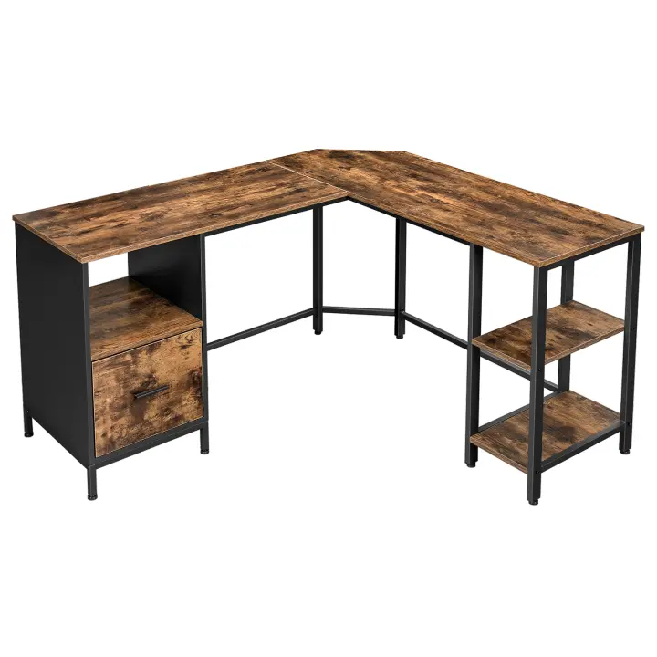 VASAGLE Escritorio de Esquina, Mesa en Forma de L, con Archivador Colgante, 2 Estantes, Oficina en Casa, Fácil de Montar, Marco de Acero, Estilo Industrial, Marrón Rústico y Negro - 1
