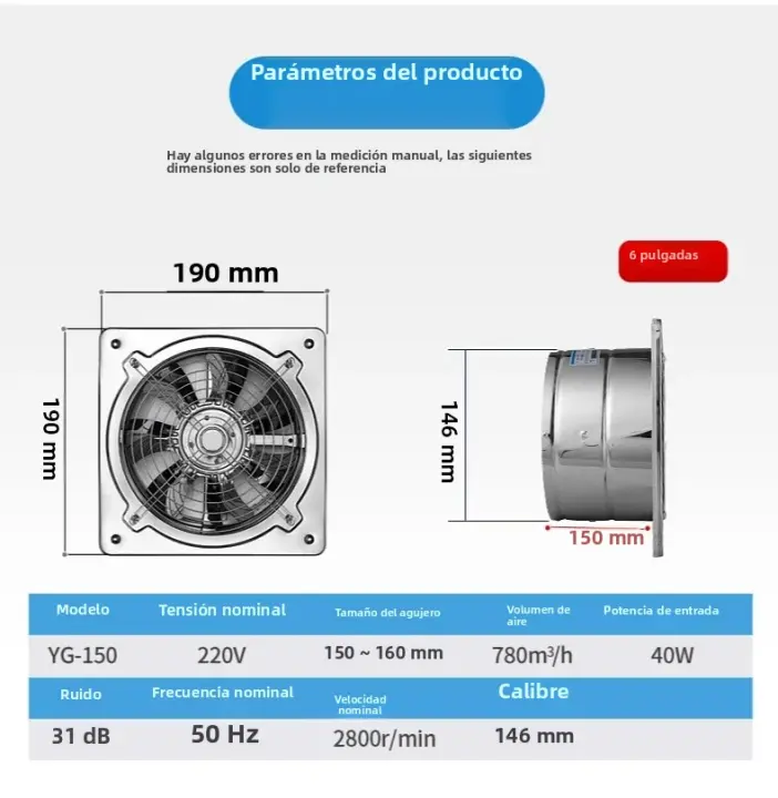 Ventilador De Extracción De Acero Inoxidable Para Baño Cocina Y Toilette Tubo De Ventilación De Pared Y Ventana 6''7'' - 1