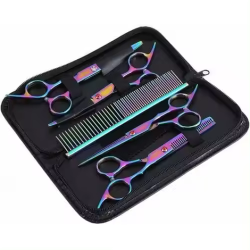 ZC Kit de tijeras de aseo para mascotas - Tijeras de aseo profesionales de acero inoxidable para perros y gatos - 1