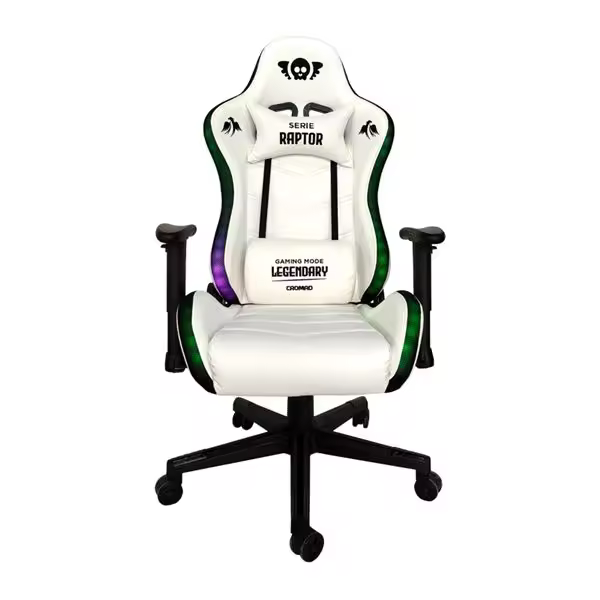 Cromad serie raptor legendary silla gaming - altura regulable con piston de gas clase 2 - reclinable hasta 180º - cojines lumbar y cervical - ruedas de nailon de 60mm - iluminación rgb - color blanco - 1