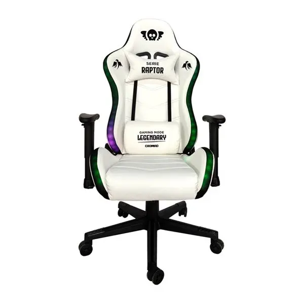 Cromad serie raptor legendary silla gaming - altura regulable con piston de gas clase 2 - reclinable hasta 180º - cojines lumbar y cervical - ruedas de nailon de 60mm - iluminación rgb - color blanco - 1