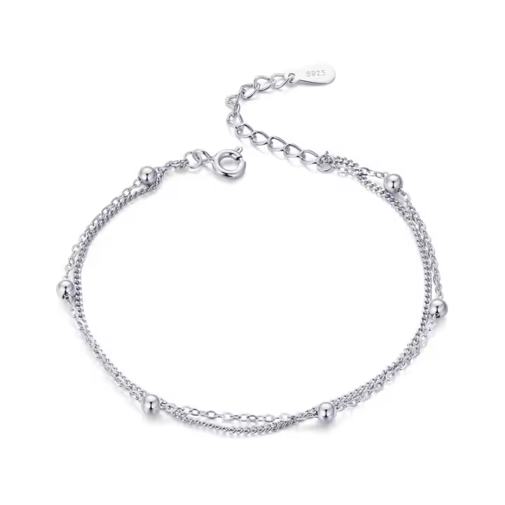 Pulsera De Enlaces De Bolas Doble Capa Para Mujer Plata De Ley 925 Ajustable Simplicidad Joyería De Fiesta Regalo De Cumpleaños - 1