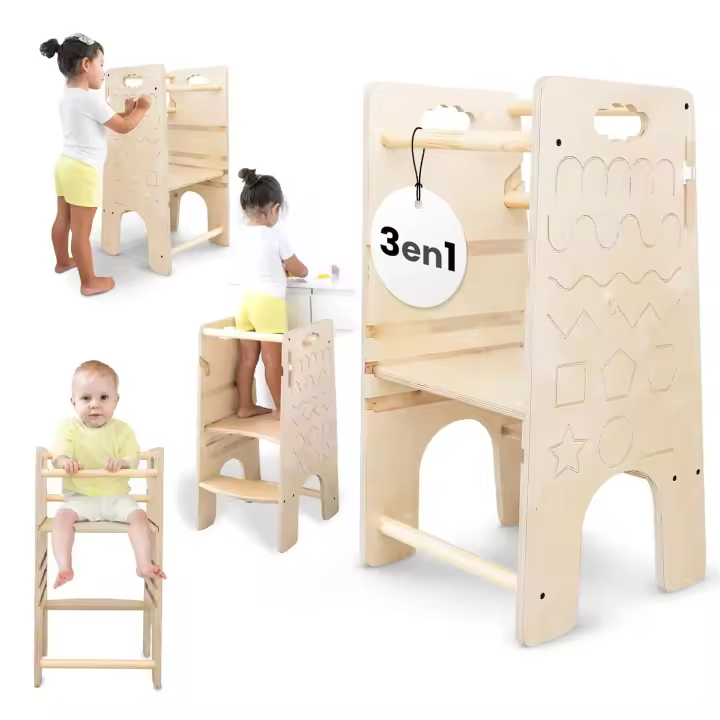 TWR ® Torre de aprendizaje evolutiva + trona bebe+ patrones Montessori (incluye lápiz de madera) 3 en 1- Torre de aprendizaje convertible en trona - 100% madera natural de alta calidad - 1