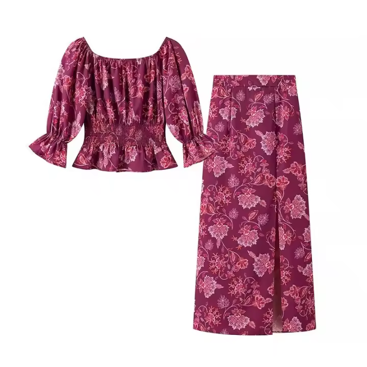 Nuevo Conjunto De Traje Impreso Para Mujer Estilo Europeo Y Americano Uno Hombro Slim Con Mangas Largas Y Slit Recto Alto - 1
