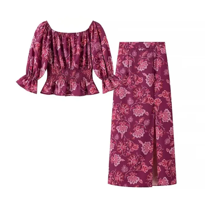 Nuevo Conjunto De Traje Impreso Para Mujer Estilo Europeo Y Americano Uno Hombro Slim Con Mangas Largas Y Slit Recto Alto - 1