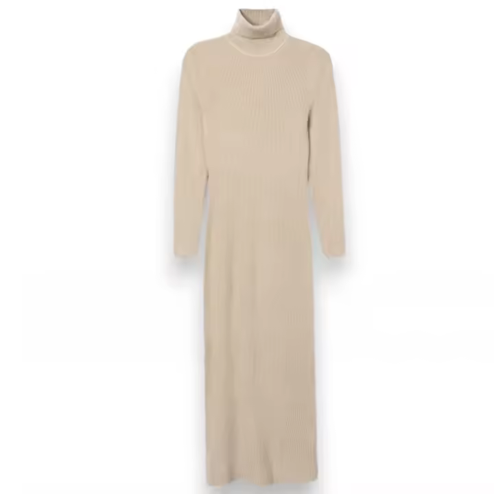 Vestido Tiffosi Chloe beige, midi con cuello alto y manga larga. Ajuste perfecto y sensación suave. - 1