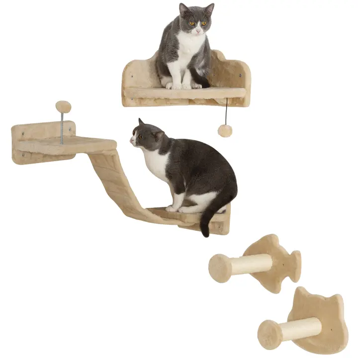 PawHut Juego de Estanterías para Gatos de 4 Piezas Rascador de Pared para Gatos con 2 Postes de Sisal Plataforma Doble con Escalera Suave y 1 Plataforma para Saltar Beige - 1