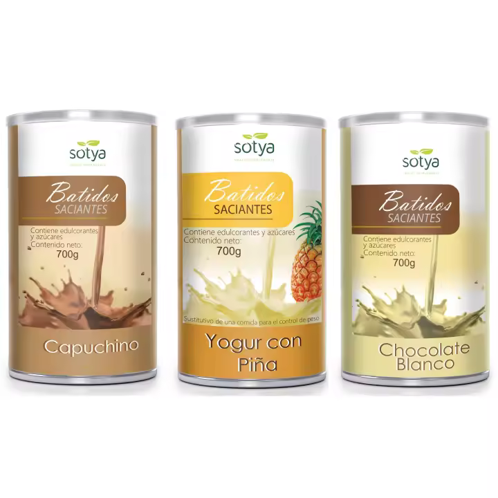 3 X BATIDO SACIANTE  Capuccino, Yogur con Piña y Chocolate Blanco 700Gr SOTYA Sustitutivo de una comida Rico en proteínas, excelente como sustituto alimenticio, controla el peso y ayuda a quemar grasa, con café verde sin cafeína - 1
