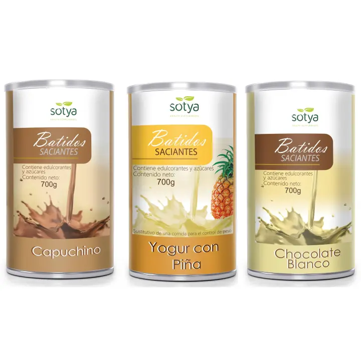 3 X BATIDO SACIANTE  Capuccino, Yogur con Piña y Chocolate Blanco 700Gr SOTYA Sustitutivo de una comida Rico en proteínas, excelente como sustituto alimenticio, controla el peso y ayuda a quemar grasa, con café verde sin cafeína - 1