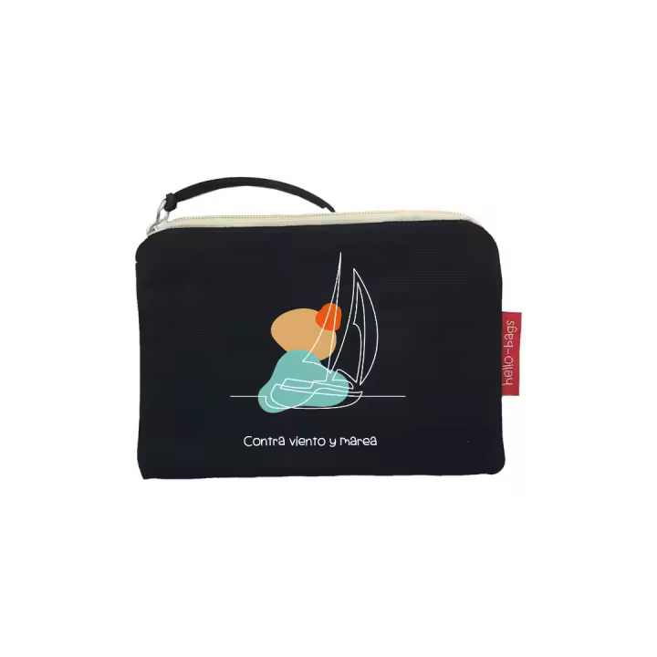 Hello-Bags. Bolso Monedero / Billetero / Tarjetero con cremallera y forro interior. Exterior: Algodón 100%. Incluye sobre kraft de regalo. Modelo: "CONTRAVIENTO". Crudo / Negro. 14x10 cm. - 1
